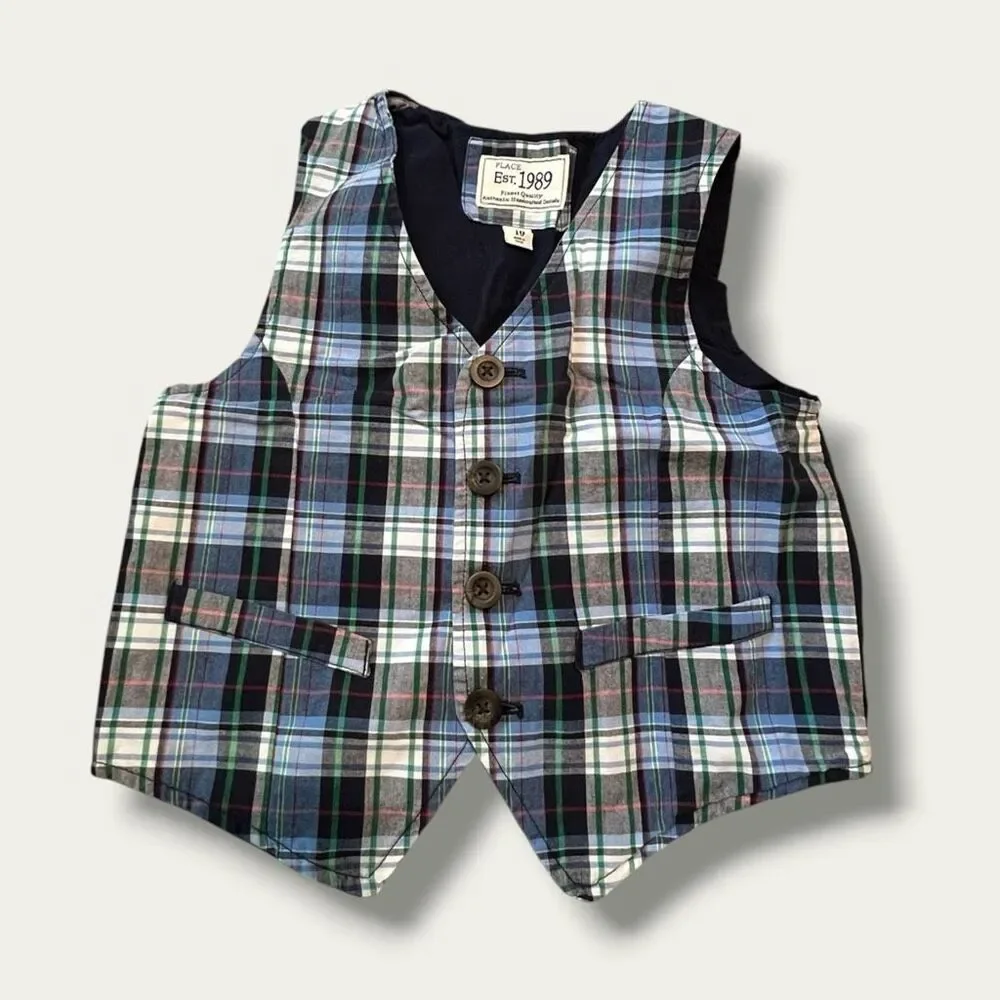 The Children’s Place Boys Plaid Cotton Dress Vest Preppy Size 10